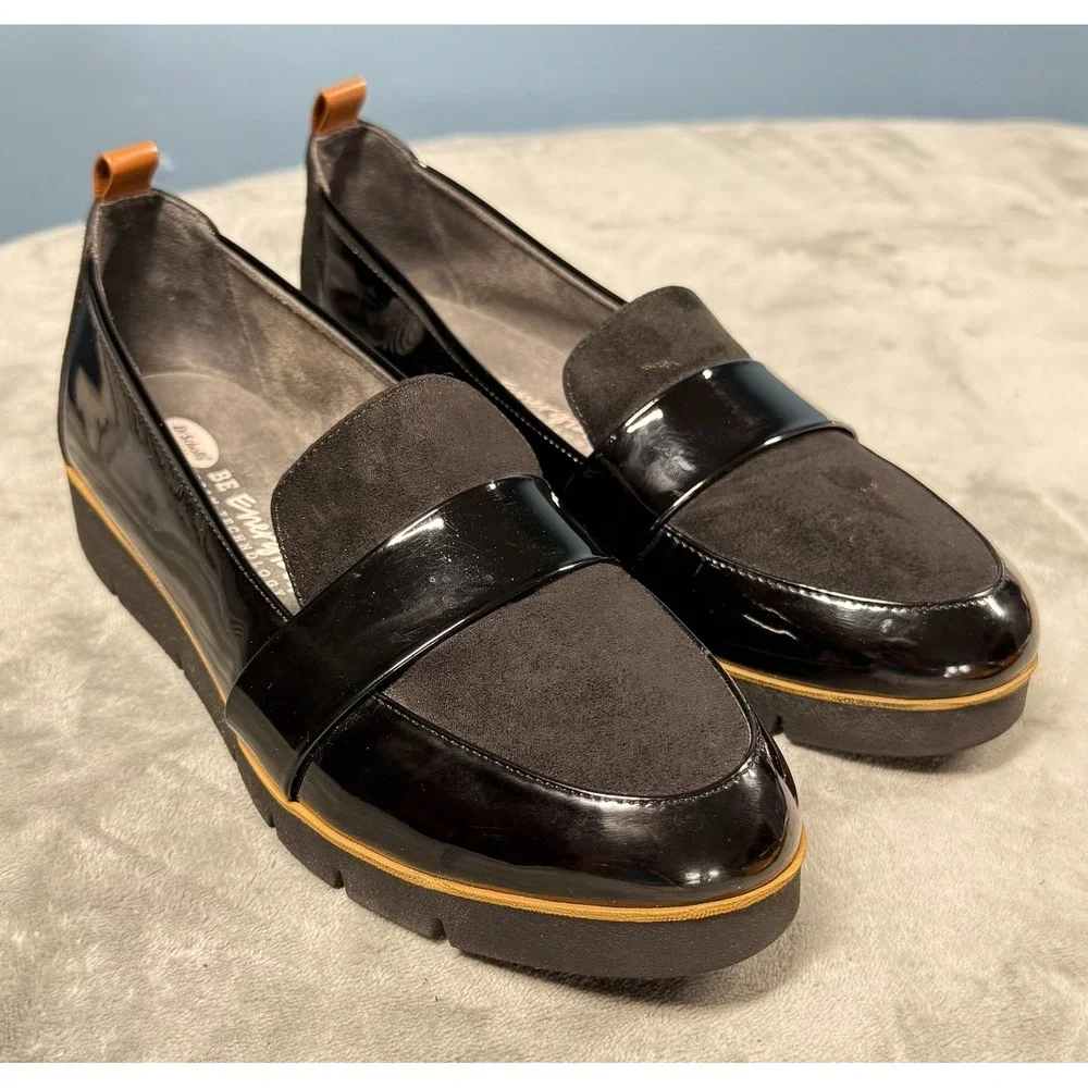 Dr Scholls Loafers Womens 8.5 Black Patent Leather Suede Platform